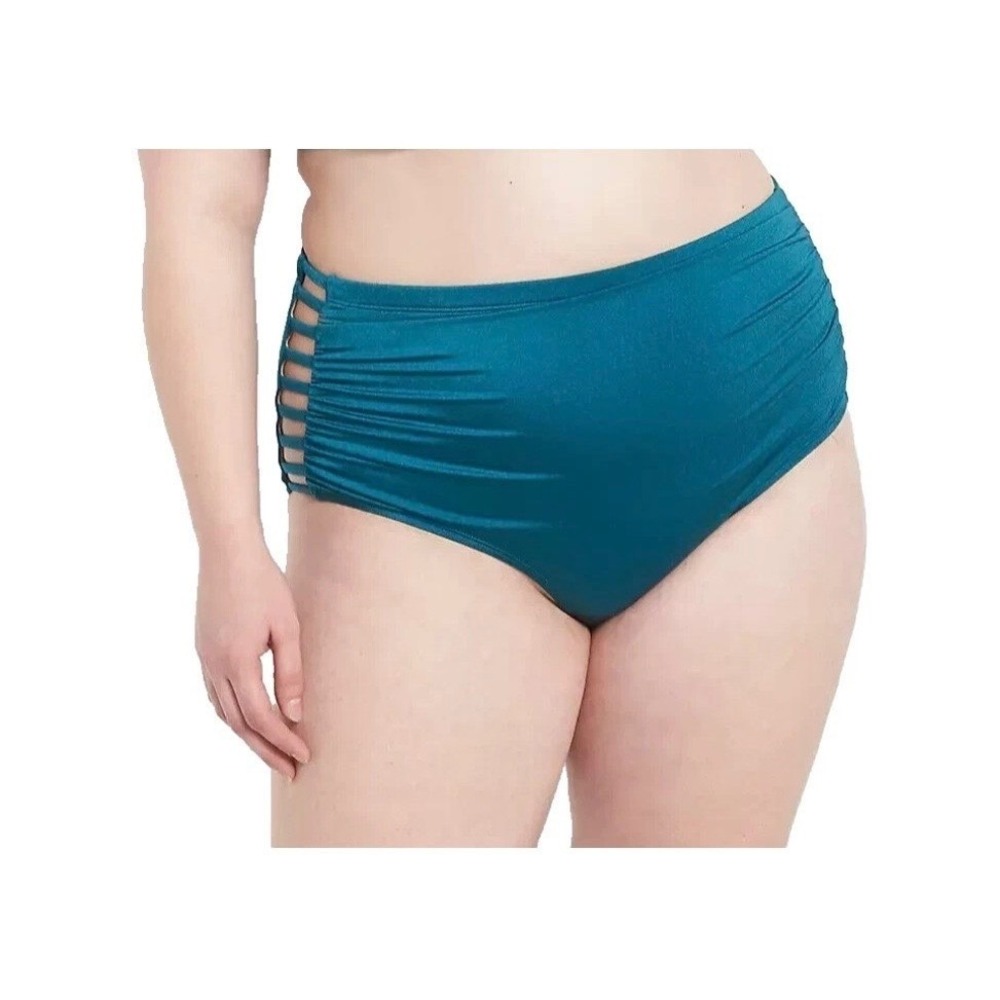 Swim Lane Bryant Teal Shimmer High Waist Bikini Bottom Side Straps Size 32 NWT